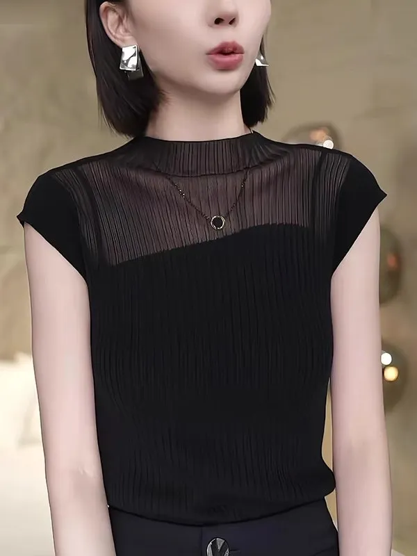 

Gtuq Черный трикотажный топ с коротким рукавом, облегающий, элегантный, с вырезами, летний, в корейском стиле, для повседневной носки, женский, больших размеров