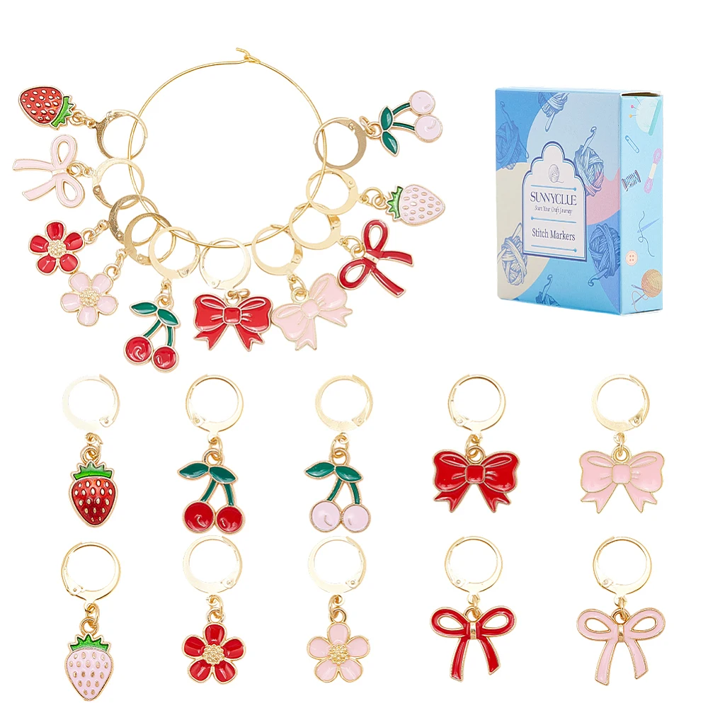 1 Box 20Pcs 10 Styles Cute Knitting Stitch Markers Crochet Marker Charms Bulk Enamel Cherry Strawberry Flower Lobster Claw Clasp