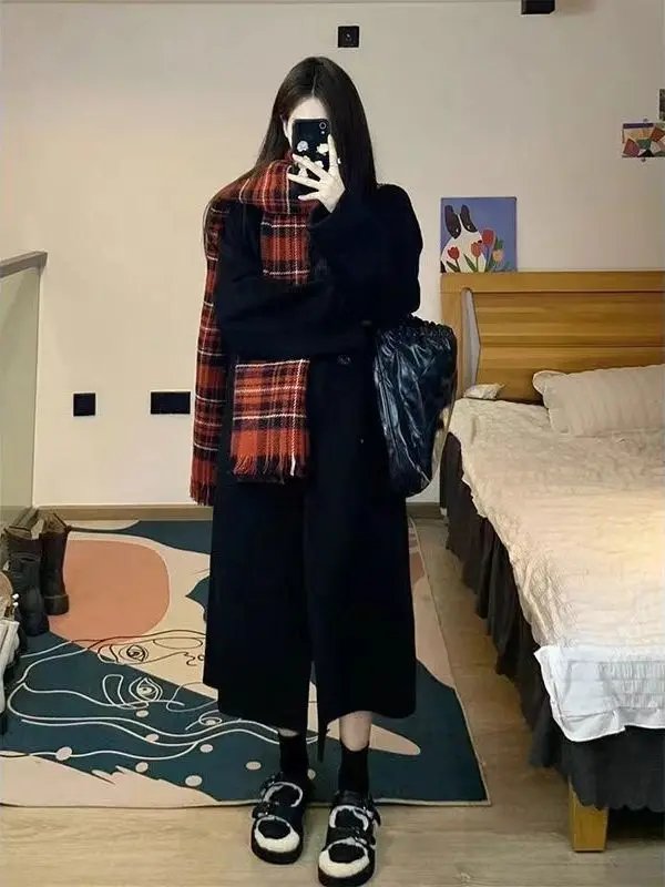 

Women's Mid-Length Woolen Coat Spring 2026 Hepburn Sle Loose Korean Series Commute Sle Long Sve V-Ne Pure Color