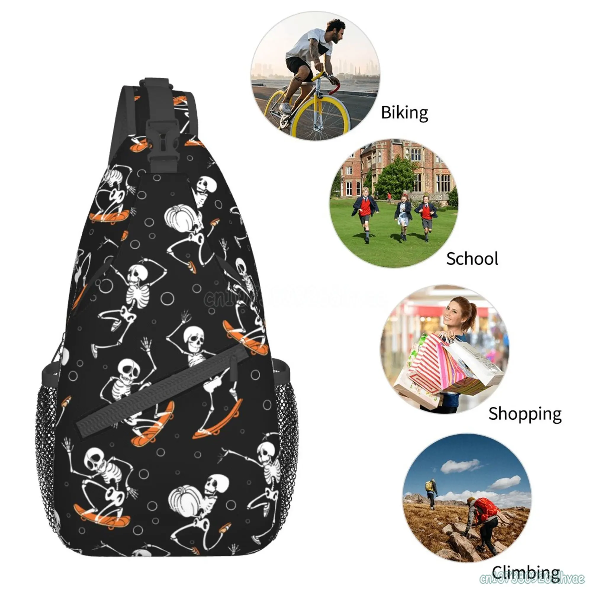 Lustige Skateboard Schädel Party Schlinge Rucksack Unisex Mode lässig Brusttaschen weichen Cross body Daypack für Reisen Wandern Camping