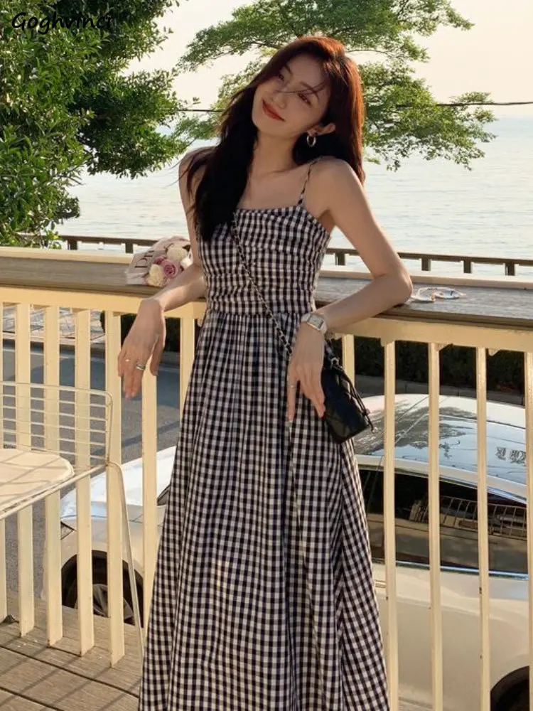 

Sleeveless A-line Dress Women Summer Sundress Classic Plaid Pretty Holiday Casual Gentle Temper Feminino Vestidos French Style