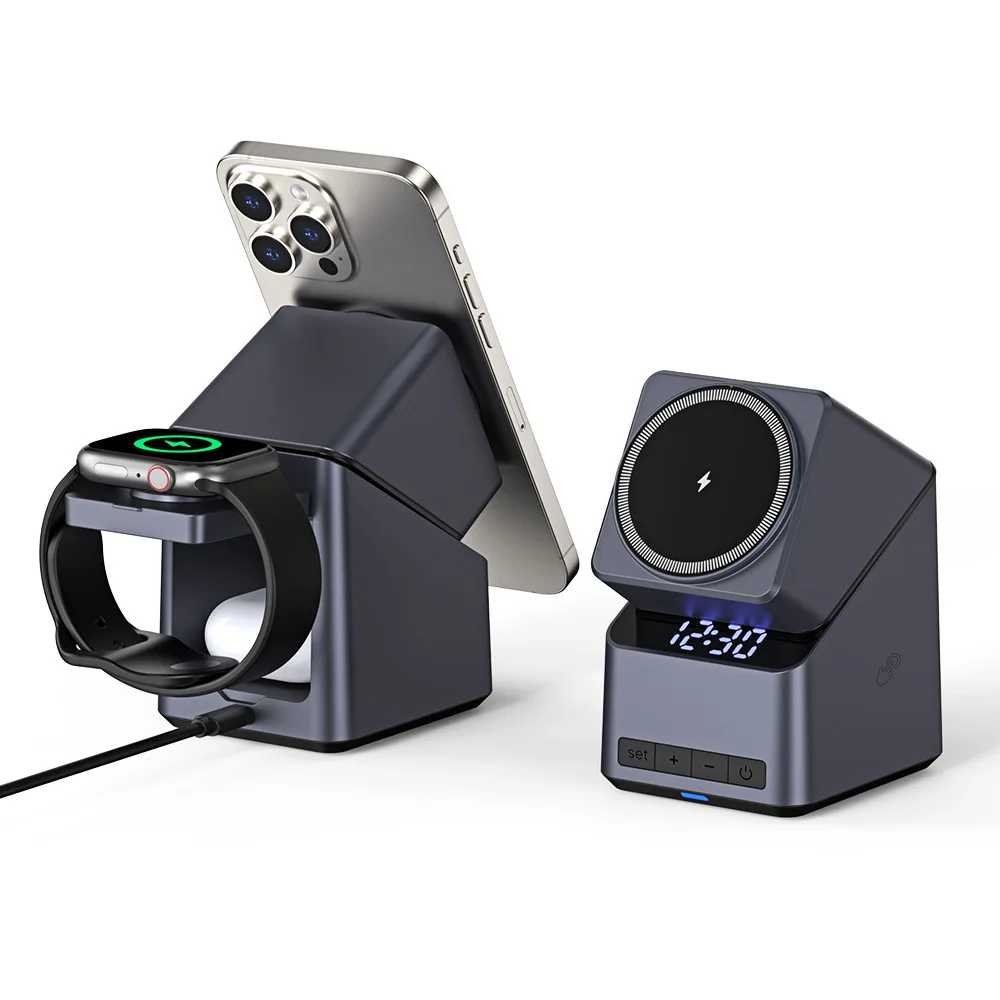 شاحن لاسلكي للهاتف مغناطيسي 4 في 1 - 180 °   قاعدة شحن متعددة الأجهزة بحامل دوار قابل للتعديل باللمس للهواتف الذكية وAcce