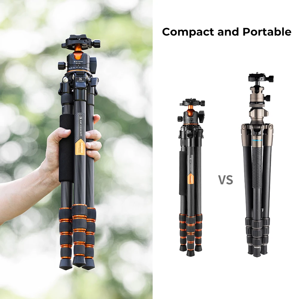 K&F Concept Professional Carbon Fiber Tripod 15kg/33lbs Max Load  Compact & Portable with 360° Ball Head & Detachable Monopod