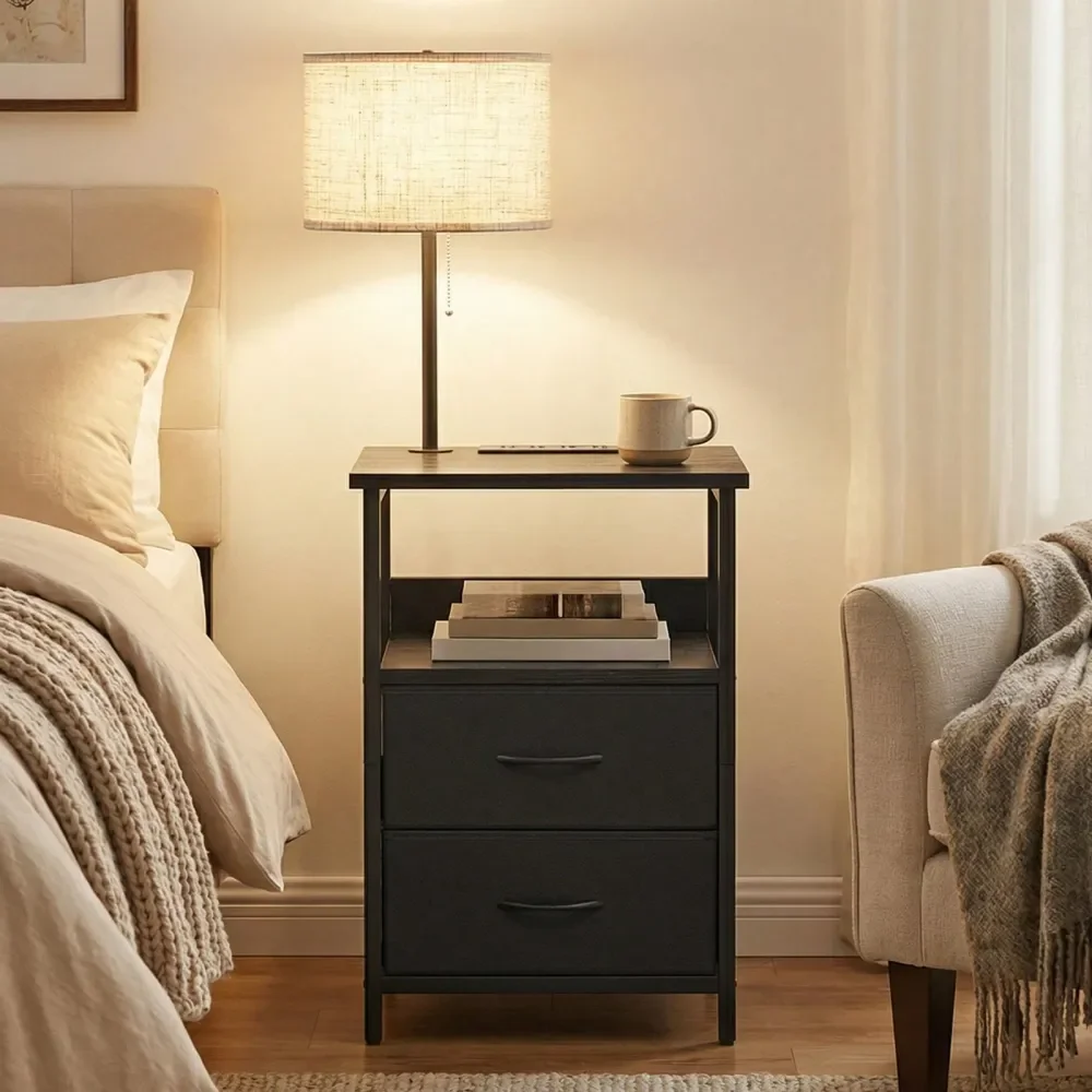 

2 Fabric Drawers LED Nightstand With Light Charging Station, Fabric Drawer Bedside Table For Bedroom Dorm, Bedroom Furniture