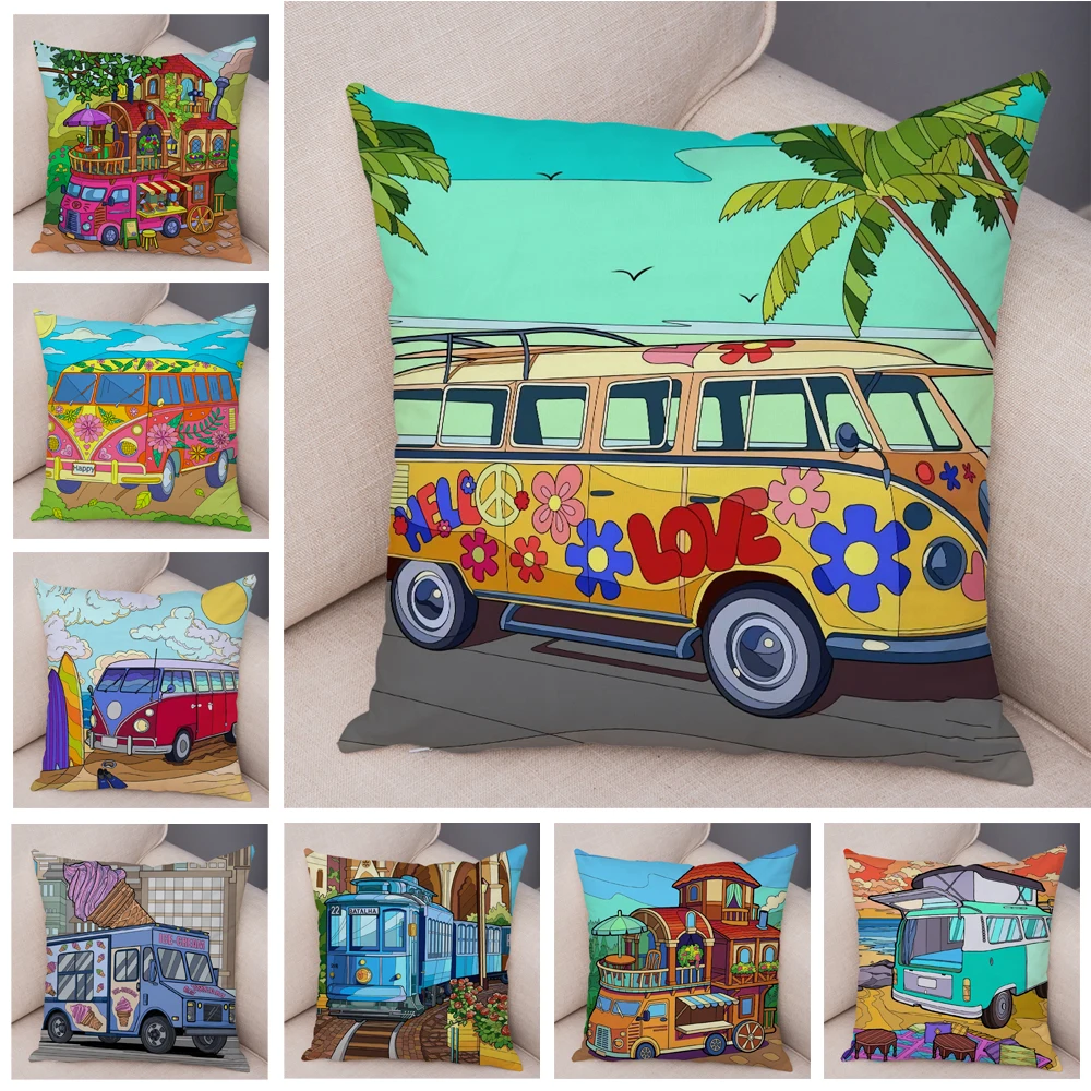 Pillowcase Happy Camper Cartoon House Travel Car Cushion Cover Sofa Home Super Soft