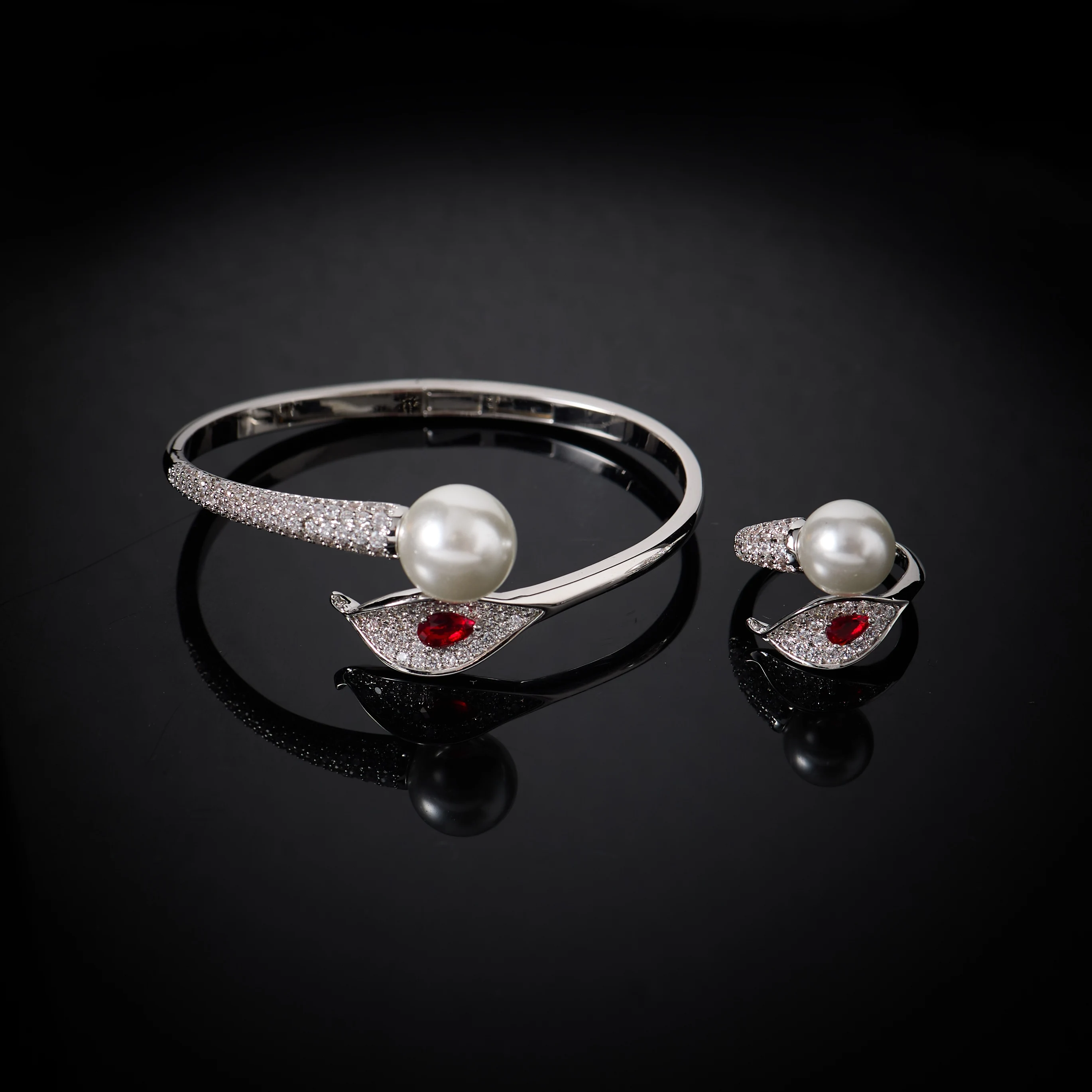 InJewelife Elegant Leaf Crystal Imitation Pearl Jewelry Set Women Silver Plated Open Cuff Bangle Adjustable Ring Bridal Wedding