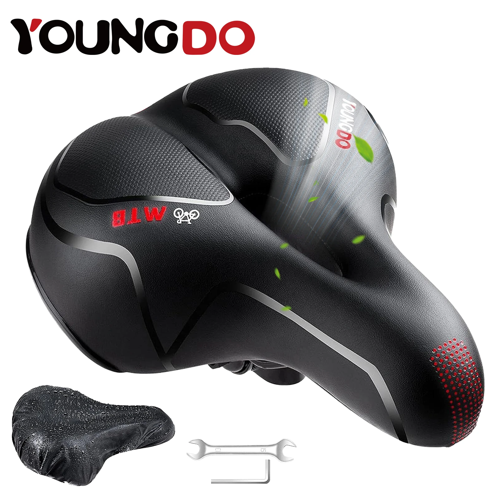 

YOUNGDO Bike Seat Saddle PU Leather Gel Wide Shock Absorbing Comfortable Bicycle Cushion for MTB Mountain Road Bikes Accessories