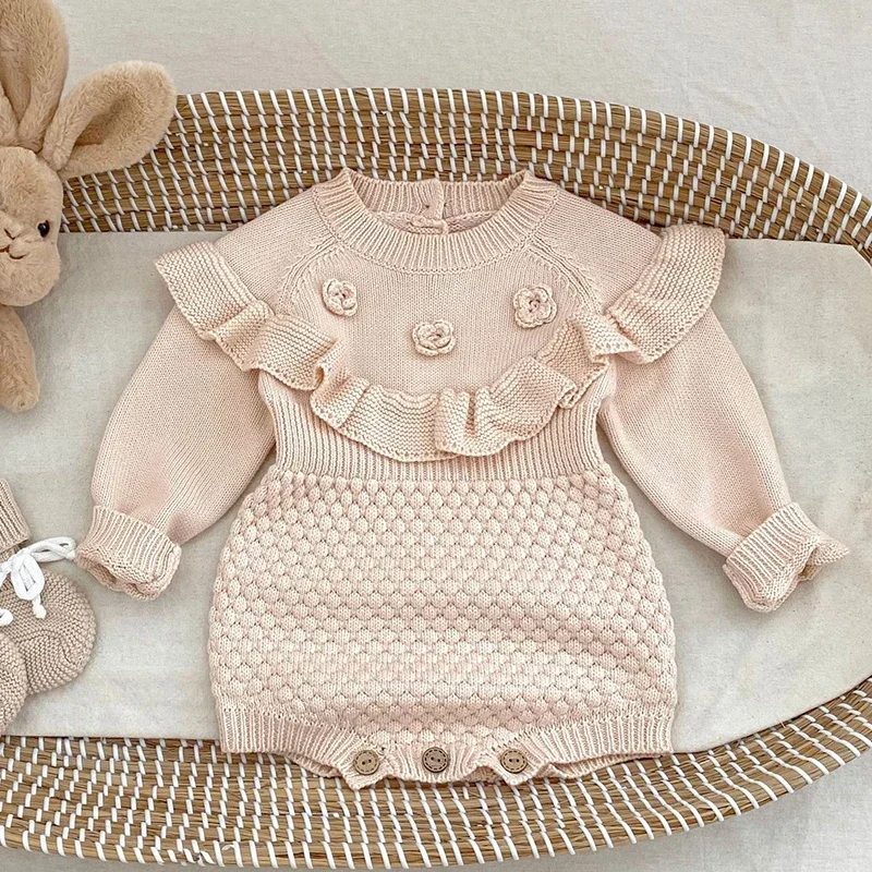

2025 New Autumn Toddler Baby Girl Knitted Romper Long Sleeved Solid Color Infant Baby Girls Knitted Jumpsuit 0-24M Baby Clothing