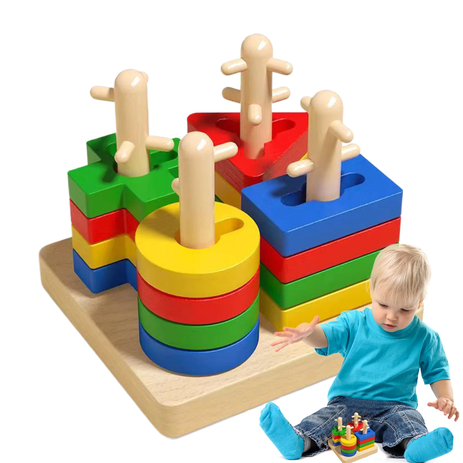 1Set Montessori Wooden Geometric Shape Columns Blocks Assembling Children's Enlightenment Early Education Puzzle Toys for Kids