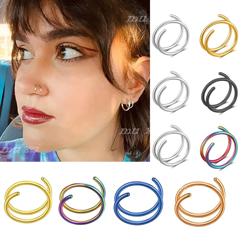 1 Pair Stainless Steel Double Nose Hoop Ring Silver Color Helix Fake Nose Piercing Set for Women Men Piercing Falso Nariz