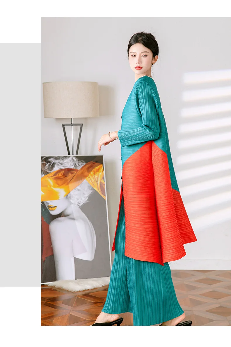 HOT SELLING Chinese knot color long sleeve Miyake single-breasted pleated loose long coat + solid  wide-leg pants suit IN STOCK