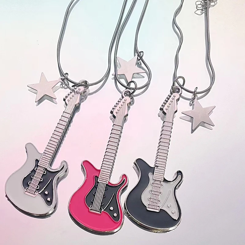 

Grunge Pink Guitar Pendant Necklace Charm Goth Jewelry Chains Star Necklace for Women Y2K Accessories Korean Fashion