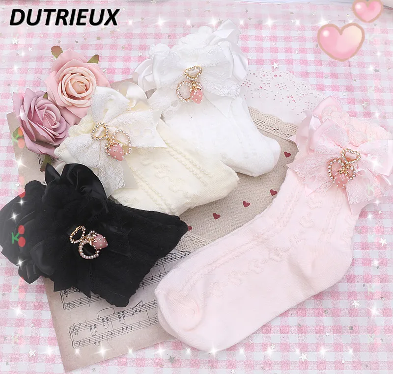 Kawaii Handmade Sweet Cute Sister Lace Pearl Heart Strawberry Pendant Bow Socks for Women Lolita Lolita Socks Japanese Fashion