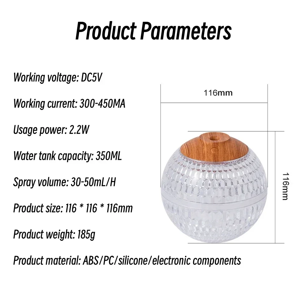 LED ضوء بالموجات فوق الصوتية صانع ضباب بارد المرطب 350 مل كريستال الكرة الهواء المرطب USB المحمولة الملونة