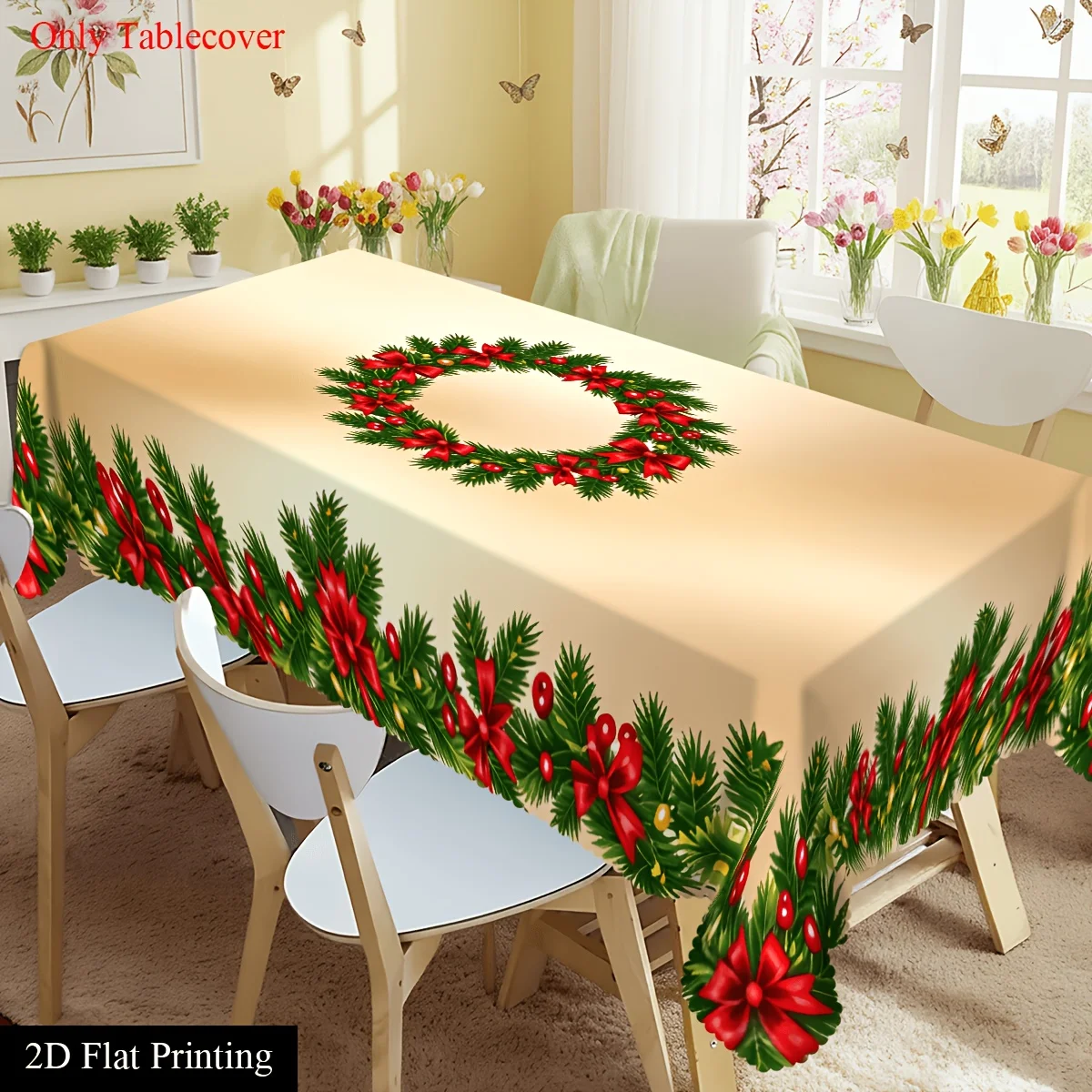 1 piece 2D flat trimmed tablecloth, Christmas pine wreath and flower chain trim design, festive table cover for catering