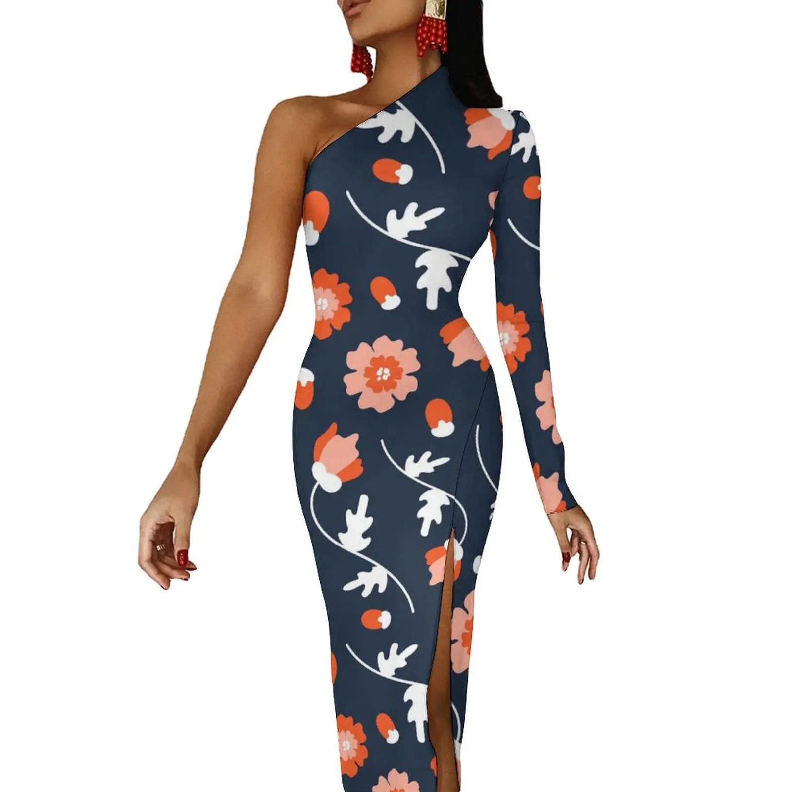 

Red Daisies Bodycon Dress Women Retro Flowers Print Club Maxi Dress One Shoulder Party Custom Dresses Birthday Present