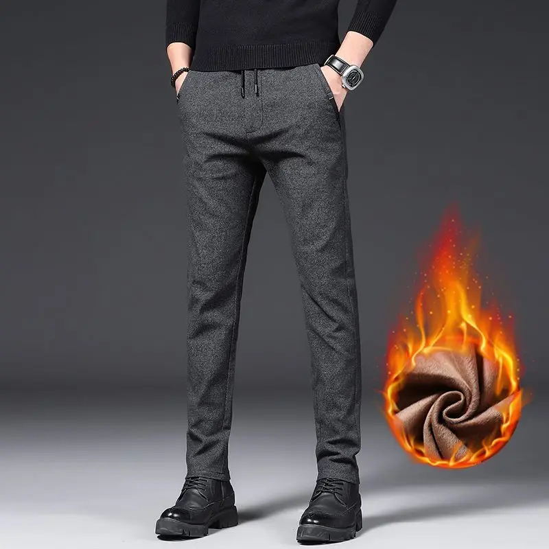 

Winter Fleece Warm Casual Pants Men Brushed Fabric Business Work Fashion Slim Thick Flocking Velvet Cotton Black Trousers Male