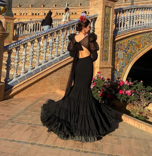 Polka Dot Bow Sexy Backless Lange Dans Avondjurk Spaanse Zwarte Flamenco Prom Jassen Ruches Mouwen Transparant Custom Made 2025