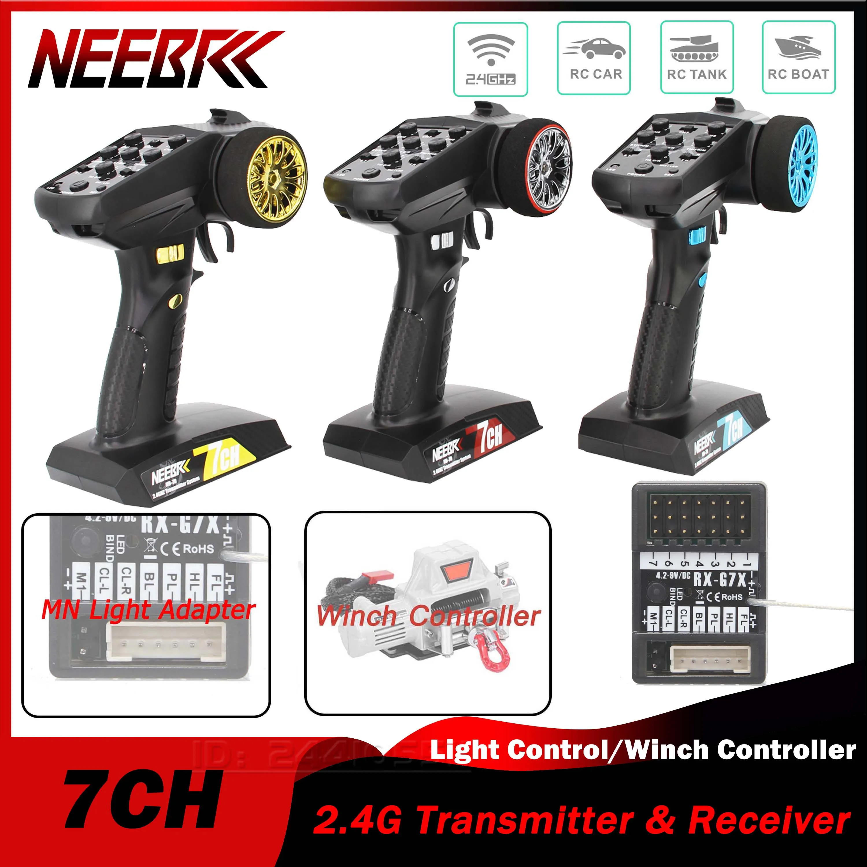 NEEBRC 7CH 2.4G Transmitter Waterproof Light Adapter Winch Controller Receiver Radio System for RC Car MN99S MN78 MN82 Tank Part