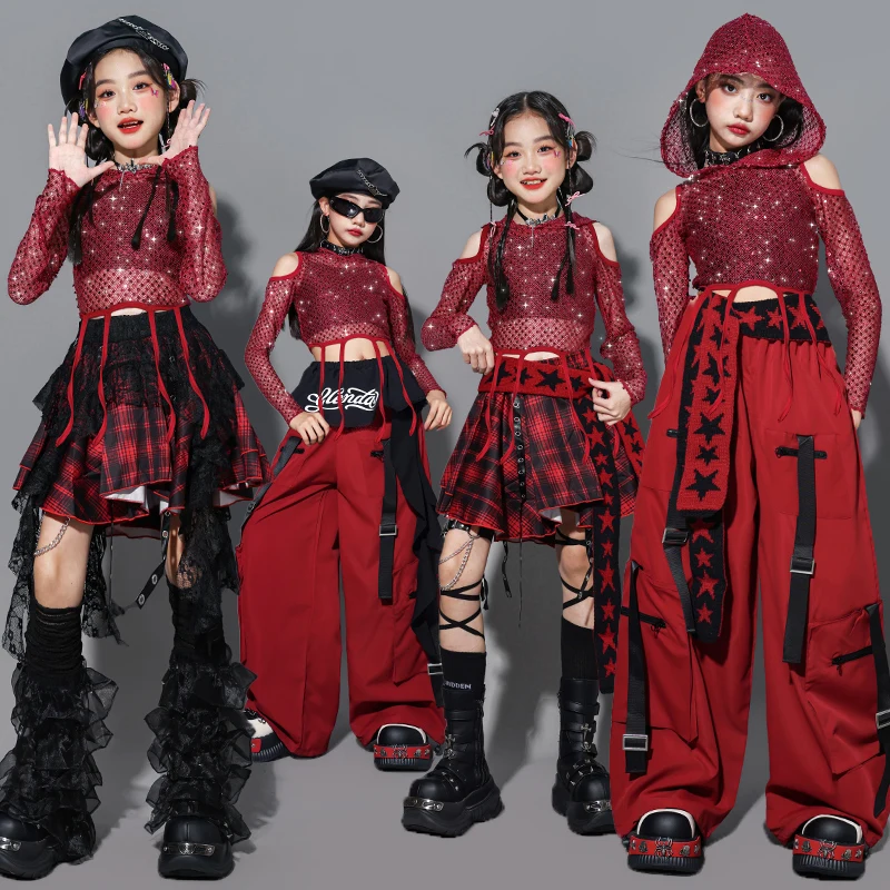 Girls Hip Hop Sequined Crop Tops ‌Street Dance Skirts Cargo Pants Children Streetwear Joggers Kids K-pop Girl Group Clothes Set