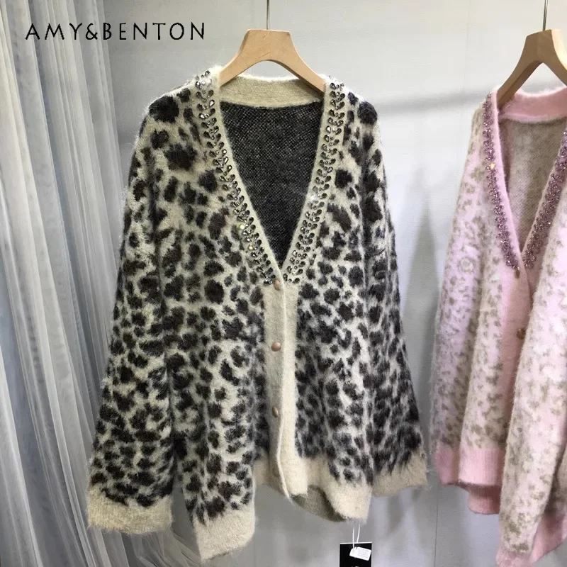 Popular Beaded Cardigan Loose Medium and Long Oversize Thickened Warm Knitted Sweater Jacket Autumn Winter Leopard Print Sweater