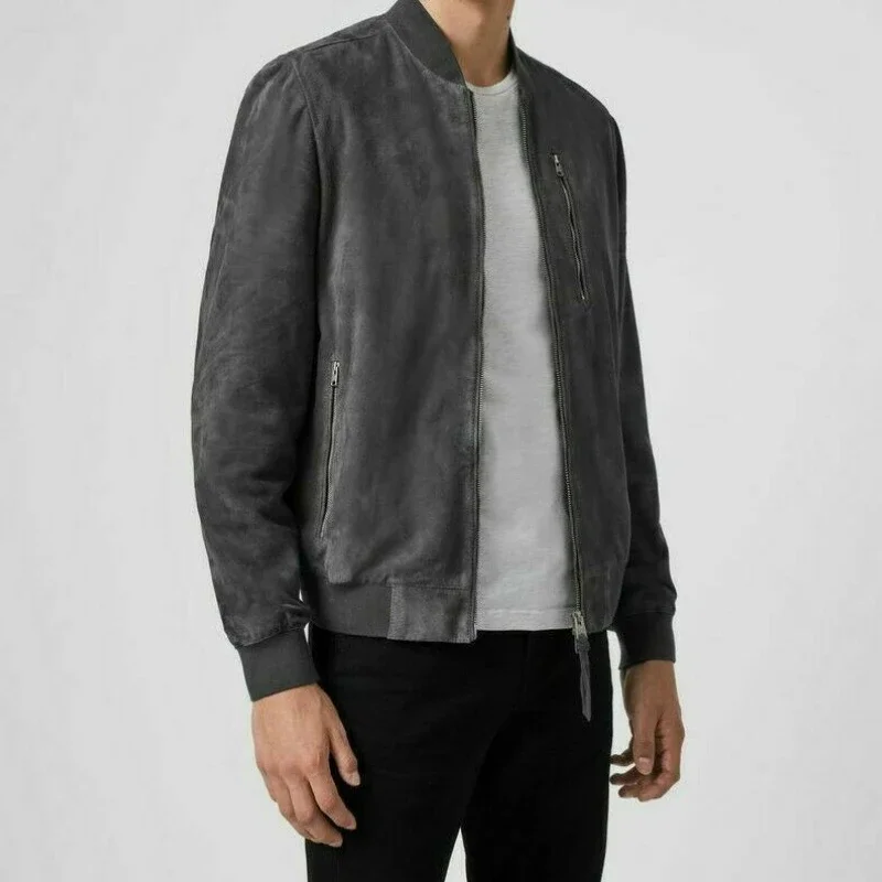 Biker Jacket Men Genuine Lambskin Suede Leather Ribbed Bomber Grey Jacket