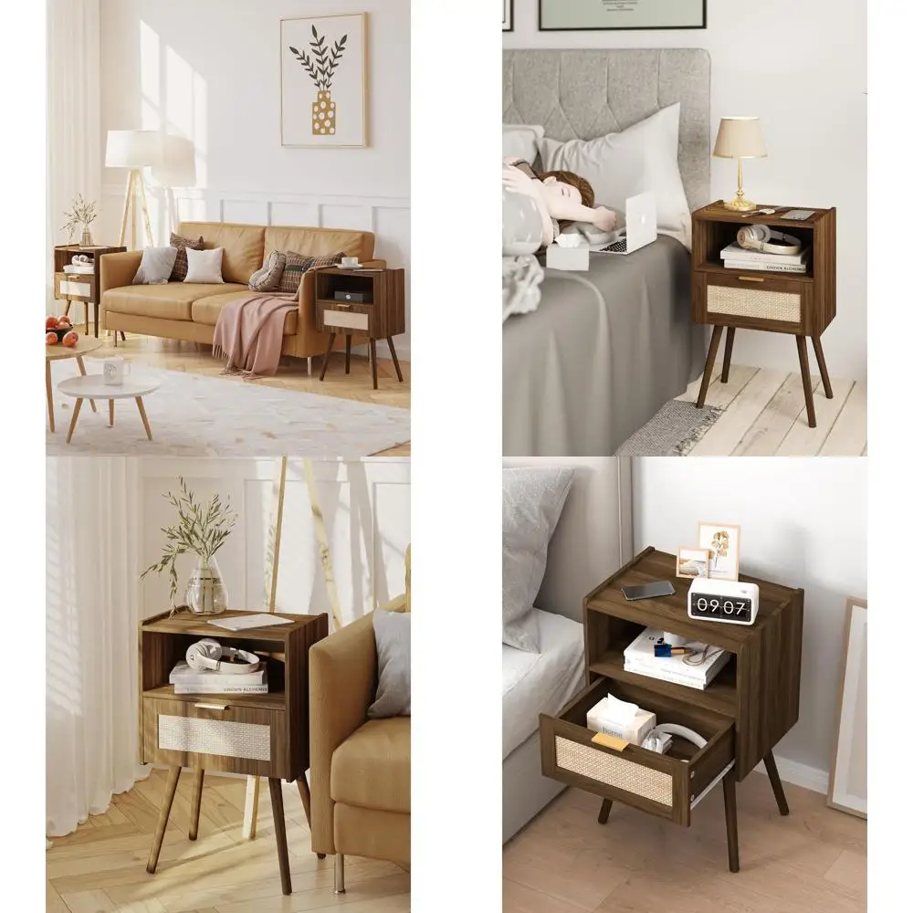 

Прикроватная тумбочка из ротанга цвета орех: современный прикроватный столик с выдвижным ящиком и открытой полкой для гостиных и спален