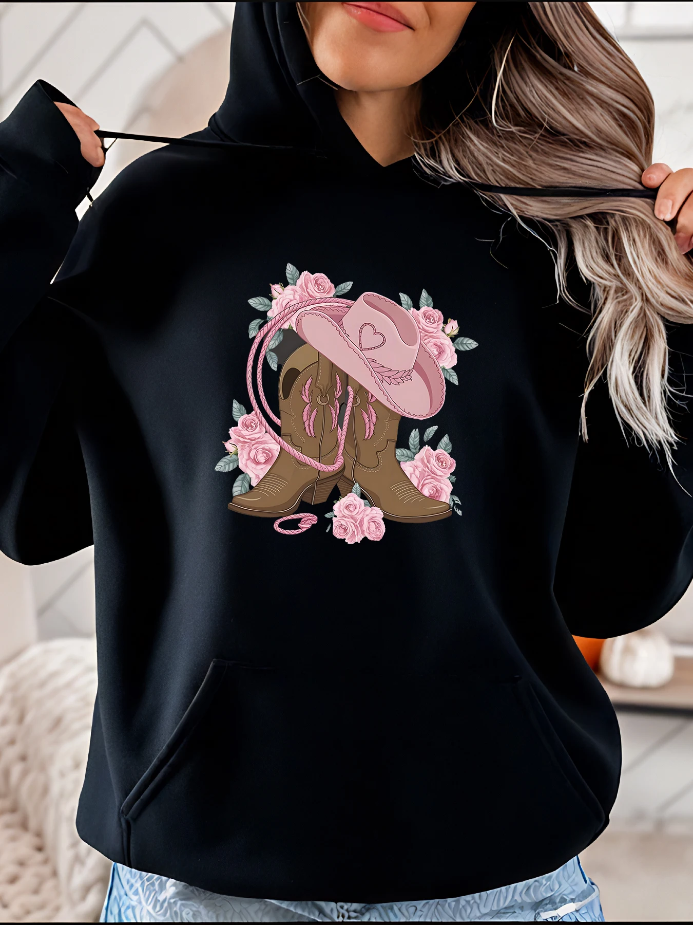 

Cowboy Boots Hoodie Pink Floral Cowgirl Hat Print Women's Casual Sweatshirt Autumn Winter Fashion Outfit for Girls