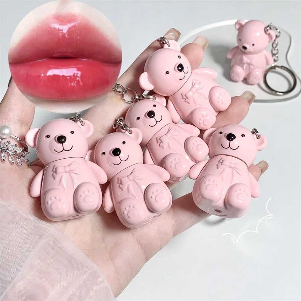 Cute Bear Keychain Lip Mud Matte Velvet Mirror Grey Pink Lipstick Waterproof Long Lasting Non-Stick Cup LipGloss Korean Cosmetic