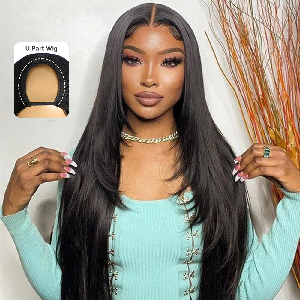 Megeen-Cabello virgen liso de Color Natural para mujer, peluca sin pegamento, parte en U, máquina, sin coser, amigable con los principiantes, 30 pulgadas