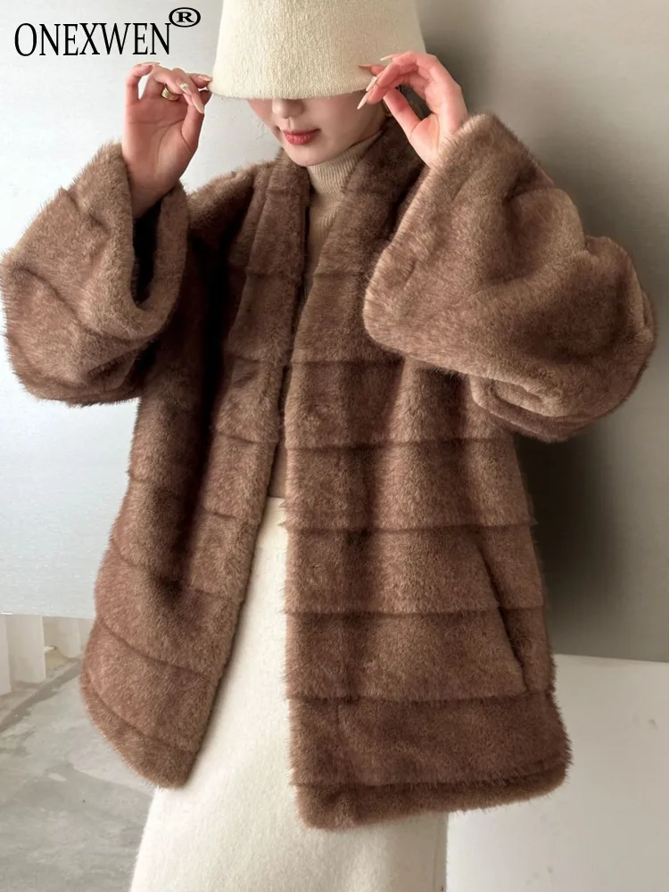 ONEXWEN Women's Loose Mid-Length Coat Open Front V Collar Striped Fluffy Jacket Winter Warm Oversized Outerwear RU26