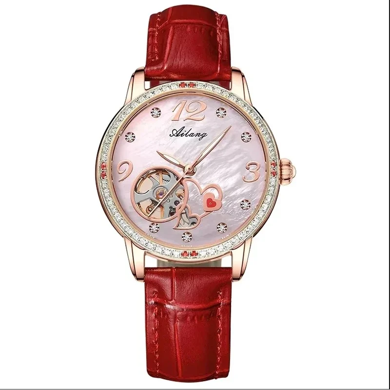 AILANG Luxury Women Skeleton Automatic Mechanical Wristwatch, Green Dial Diamond Accents Luminous Waterproof Ladies Watch