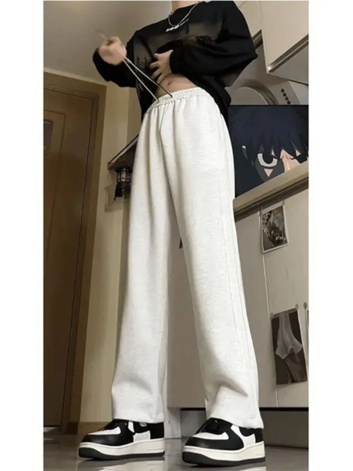 

American Style Straight Leg Grey White Sweatpants Men's Autumn Korean Lazy Style Long Tall Slimming Casual Pants