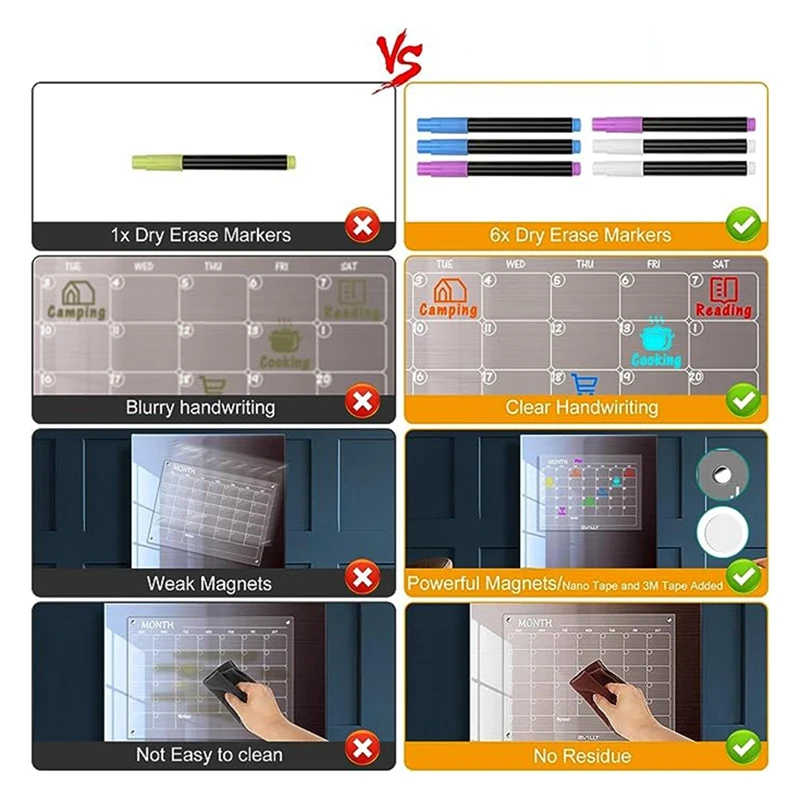 Bloco de notas magnético calendário acrílico semanal planejador de refeição mensal placa apagável calendário semanal geladeira placa de mensagem durável