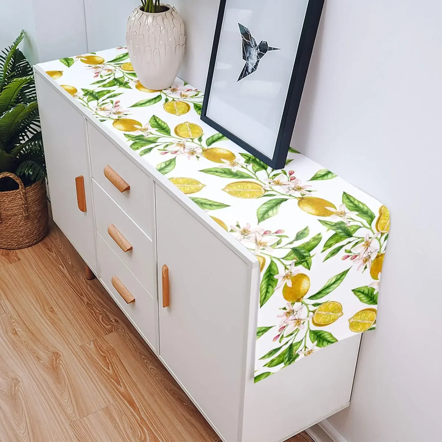 1Pc Lemon Branch Pattern Table Runner White Floral Fruit Print Table Cover For Dining Kitchen Party Decoration Tabletop Decor