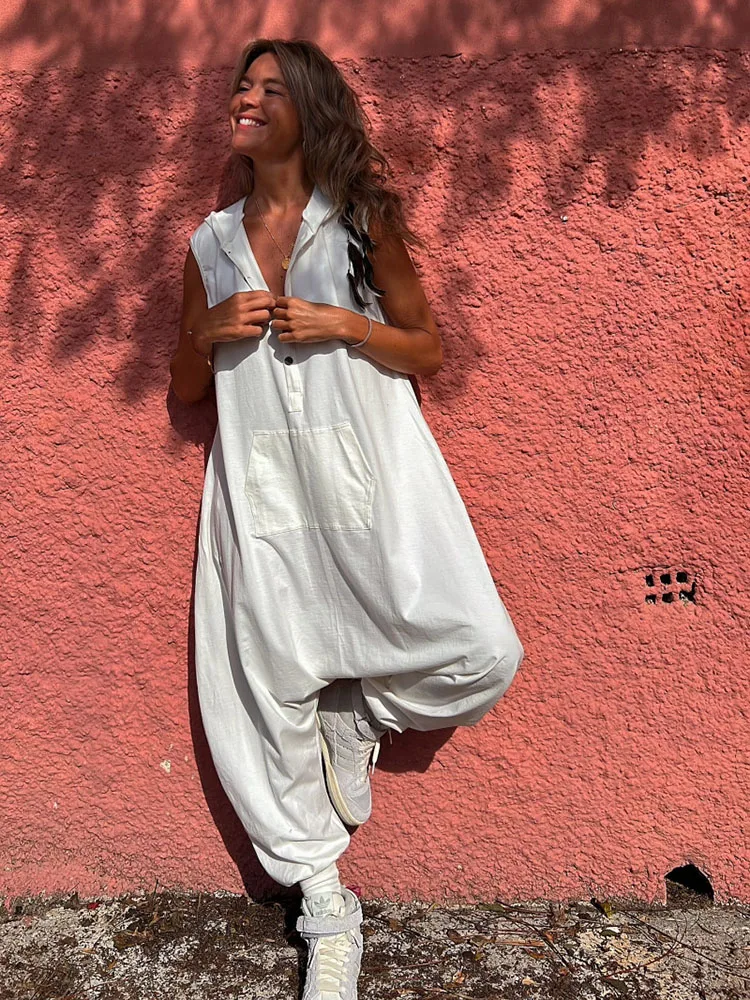 Summer Women Solid Jumpsuit Fashion Casual Loose Sleeveless Hooded Romper Streetwear 2024 New Casual Jumpsuits Overalls