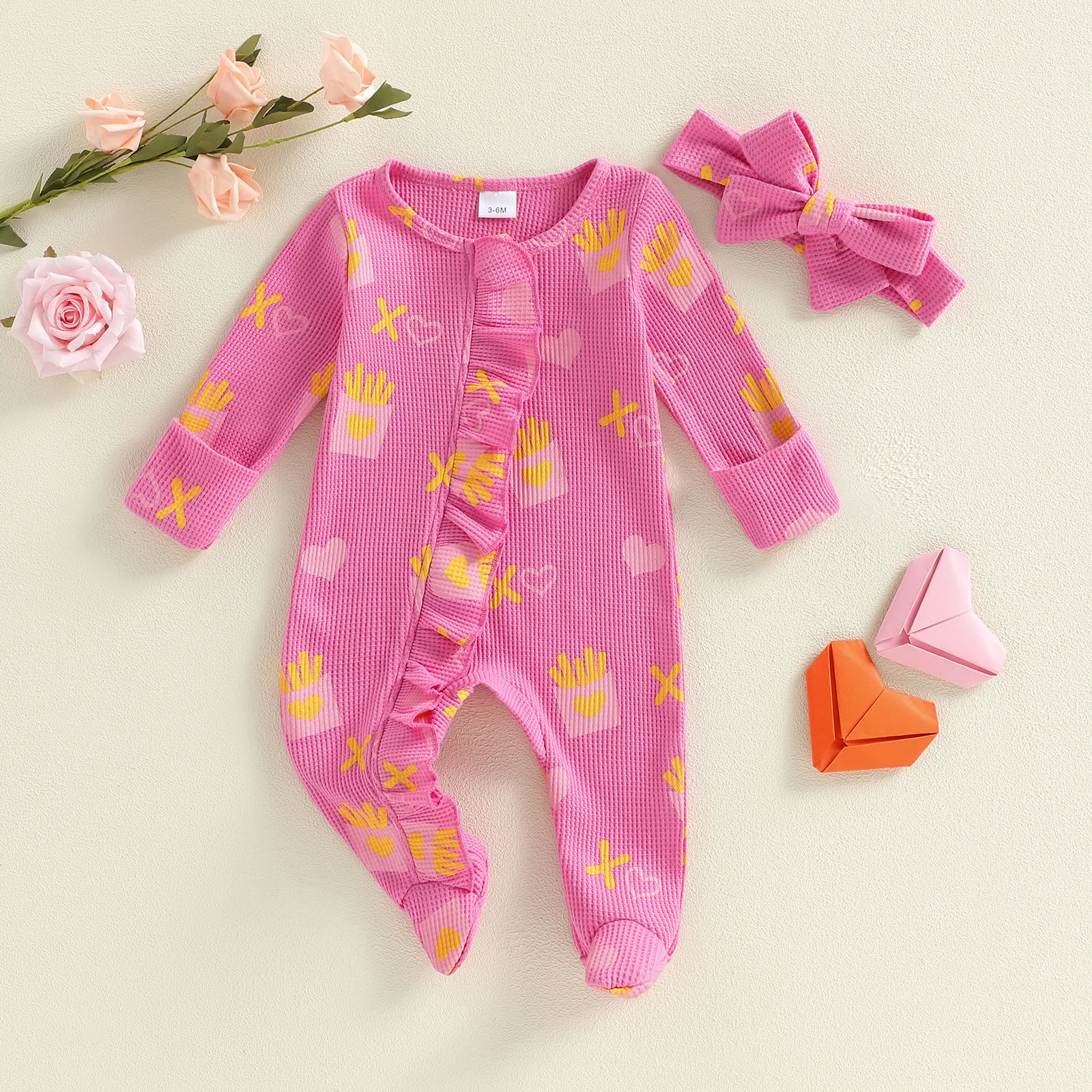 Toddler Girls Set Short Sleeve Round Neck Ice Cream Cone Print Romper with Ruffle Shorts and Matching Headband Summer Outfit