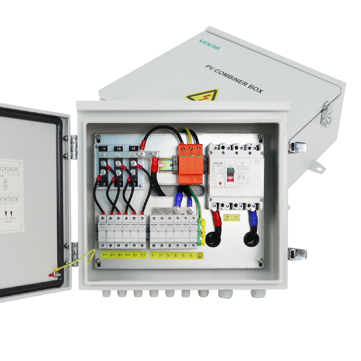 

VEICHI 1000V 10A 15A 20A 25A IP65 IP66 Waterproof Wall Mounting Padlockable Latch 16 Input 1 Output Solar PV DC Combiner Box