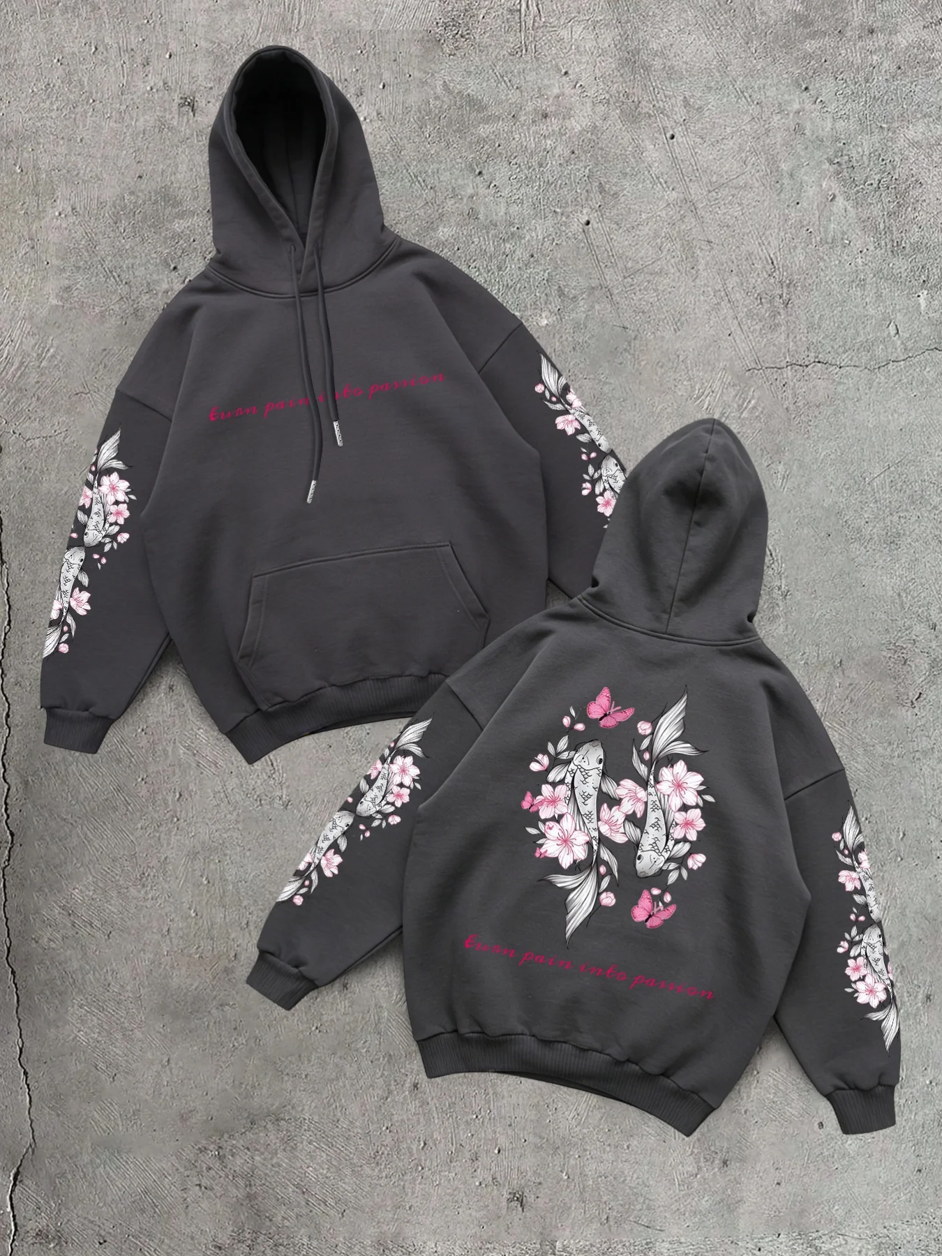 Harajuku Koi Cherry Blossoms Print Women Hoodie Pocket All-Match Hoody Vacation Loose Pullovers Autumn Fleece Streetwear