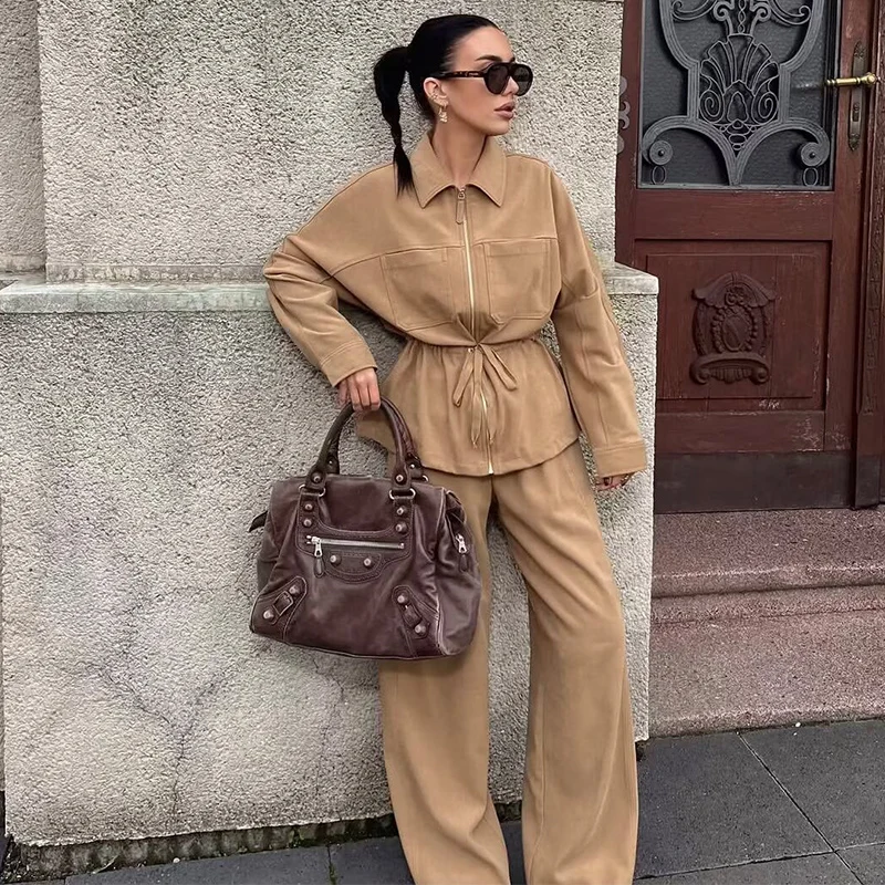 

Women's Casual Set 2026 New Spring Adjustable Waist Jacket and Wide-Leg Long Pants Set for Women Chic Personality Female Suit
