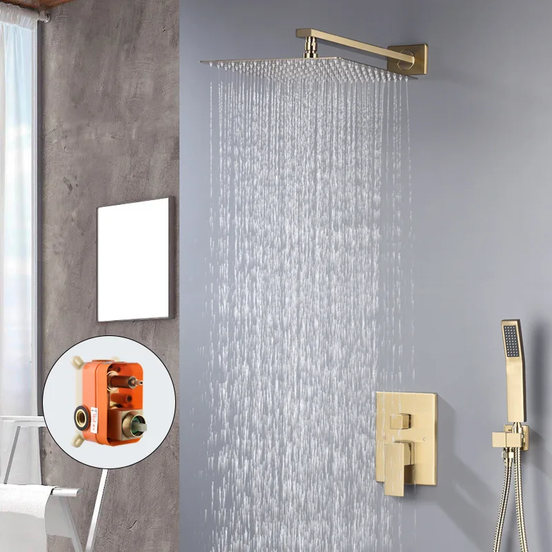 Brass Material Gold Shower Set Wall Mounted Faucet Mixer 12 Inch Rainfall Bathroom Tap with Handshower