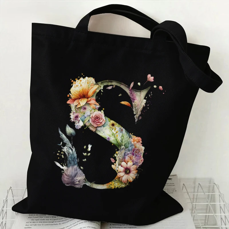 26 Alphabet Flower Canvas Tote Bag for Women Handbag Harajuku Animal Shopper Bags A-Z Letters Graphic Female Shoulder Bag