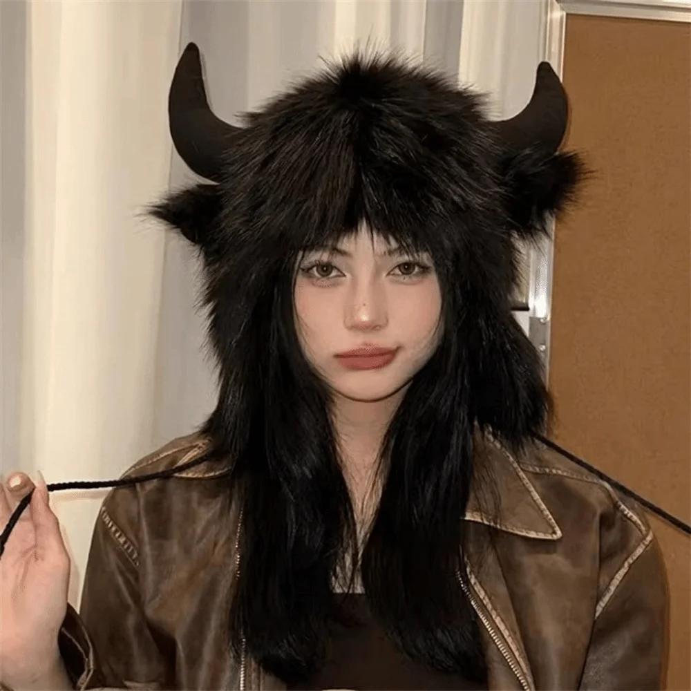 Furry Solid Color Ox Horn Hat Fur Trim Thickened Lei Feng Cap Thermal Fluffy Winter Pullover Cap Riding