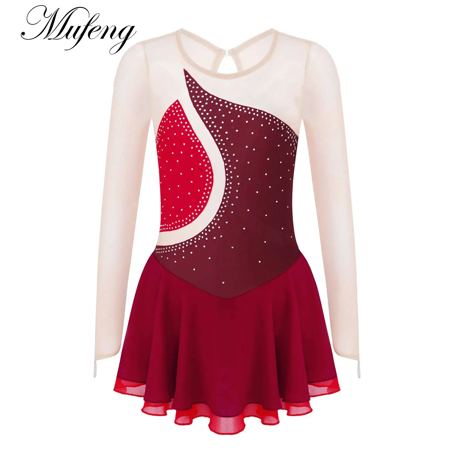 Kid Girls Figure Ice Skating Dress Teen Child Long Sleeve Gymnastics Workout Ballroom Ballet Dance Costume for Stage Performance