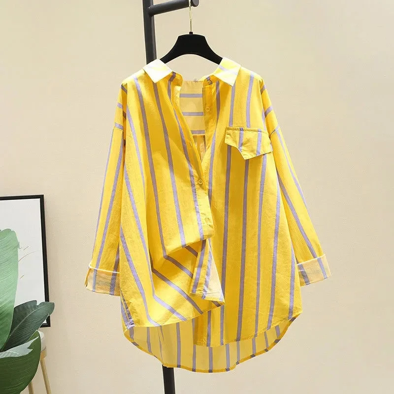 Yellow Striped Shirt Women 2023 Spring Summer Top New Korean Large Size Bat Sleeve Blouse Design Sense Sunscreen Coat Female