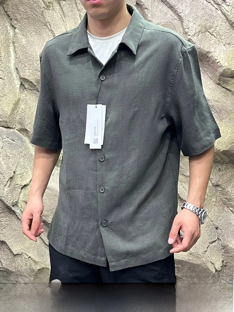 

High-End Men's Short Sleeve Shirt Linen Blend Skin-friendly Breathable Summer Commuting Casual Style Pure Color Button Closure