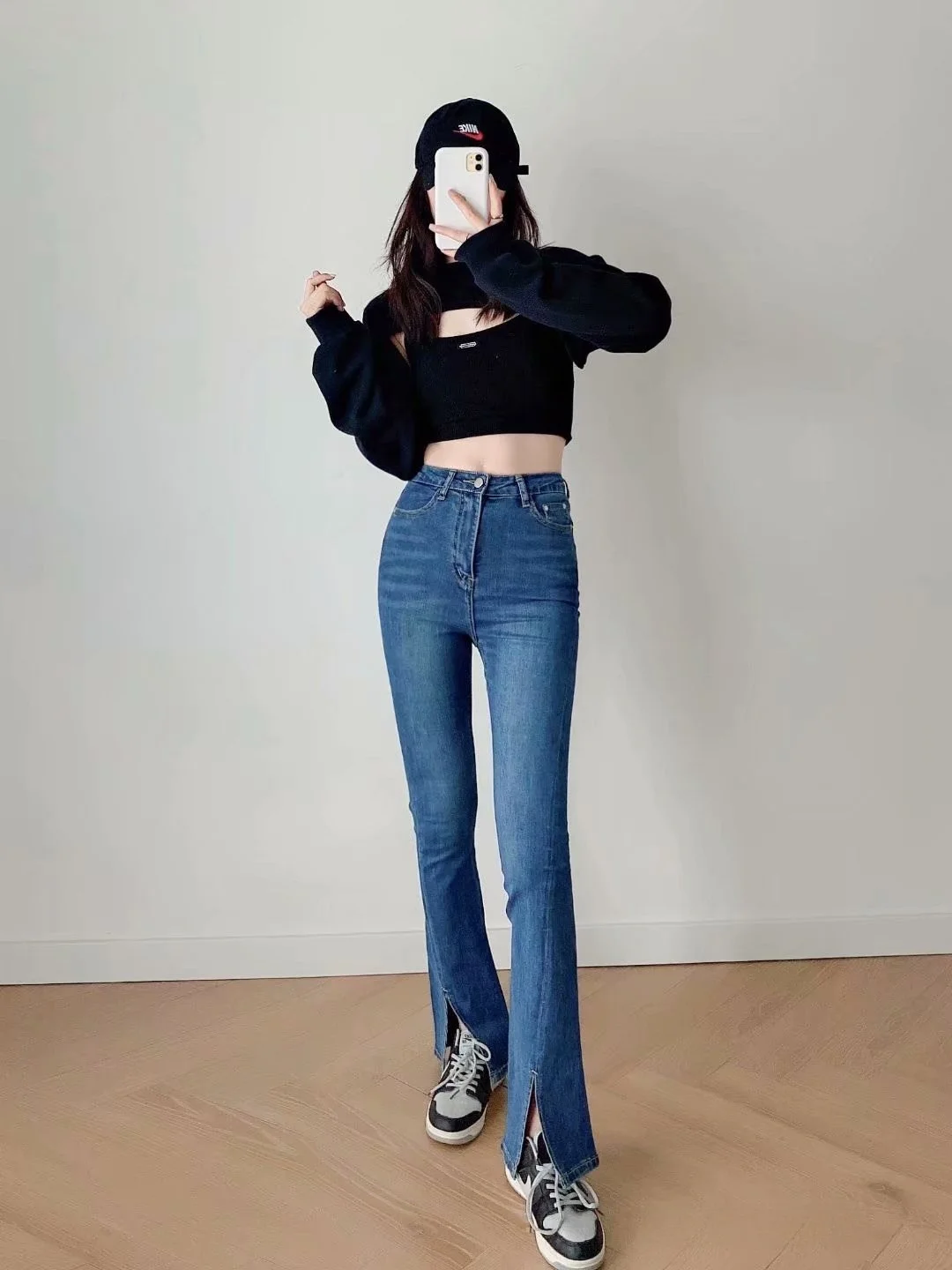 Retro High Waist Slim Fit Fashionable Split Bell Bottom Jeans Elastic Waist Small Size Wide Leg Pants Trendy Long Pants