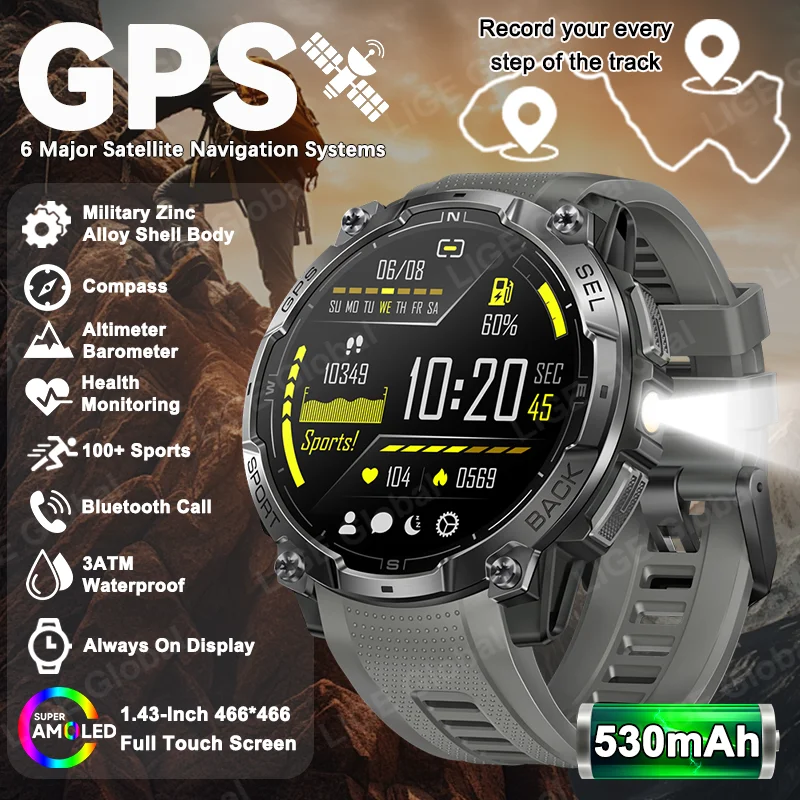 

Умные часы LIGE GPS с AMOLED-дисплеем 1,43 дюйма, встроенным AGPS, Bluetooth, функцией звонков, аккумулятором 530 мАч, водонепроницаемостью 3ATM, для плавания и спорта, мужские смарт-часы