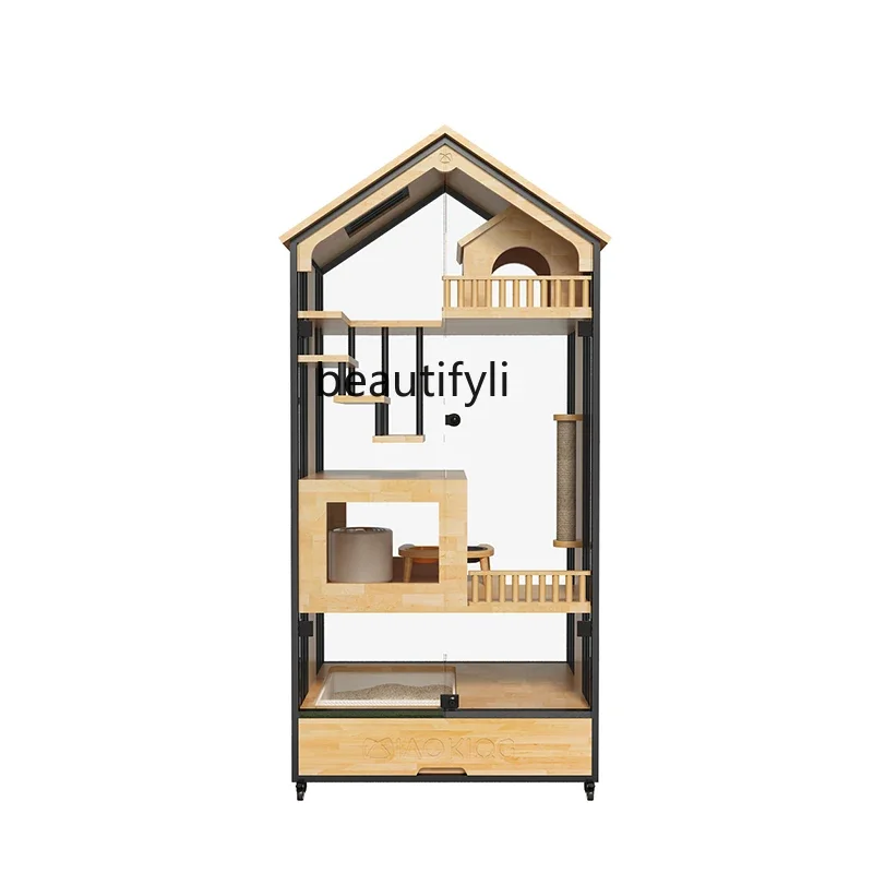 

Cat Villa Solid Wood House Home Cabinet Glass Cage Super Large Free Space Panoramic Transparent Customizable