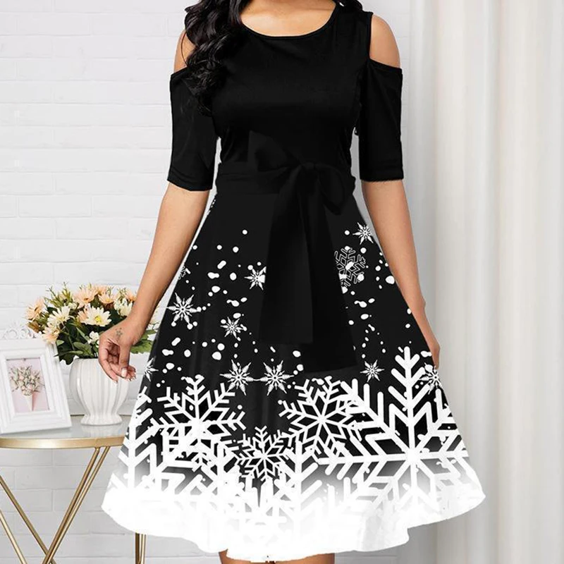 جديد مثير عيد الميلاد فستان محكم من عند الصدر ويتدلى بشكل واسع مزاجه المألوف ندفة الثلج نمط جولة الرقبة قبالة الكتف التعادل حزام الملابس النسائية #4